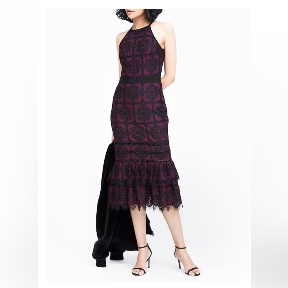 Banana Republic Burgundy & Black Lace Midi Dress - Size 6